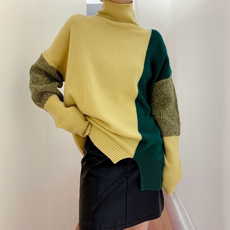 Højkrave Sweater I Kontrastfarve Til Kvinder Løs Efterår Og Vinter 2023 Ny Strikket Bundskjorte Dametrøje Toppe
