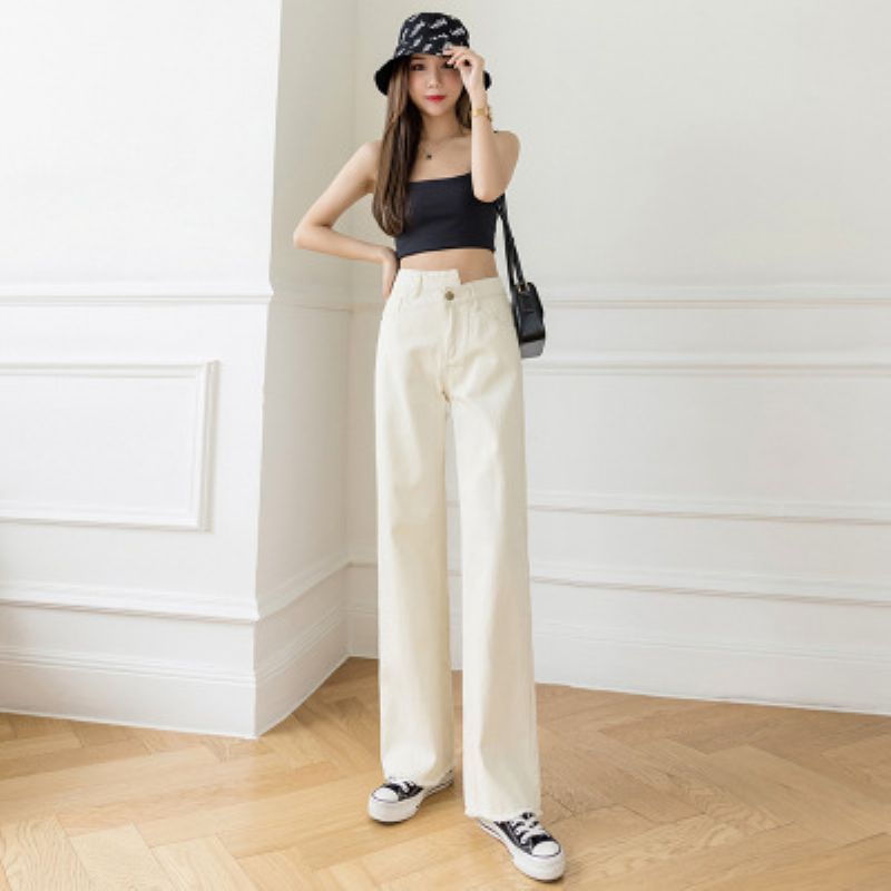 Hvid High Waist Denim Bukser Med Brede Ben Damer Lige Løs