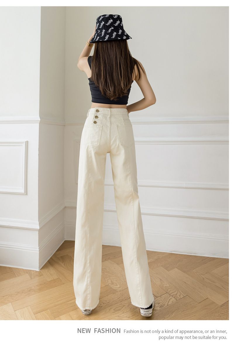 Hvid High Waist Denim Bukser Med Brede Ben Damer Lige Løs