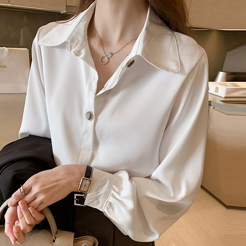 Hvid Skjorte Dame Ny Mode Langærmede Toppe Bunden Chiffon Trend