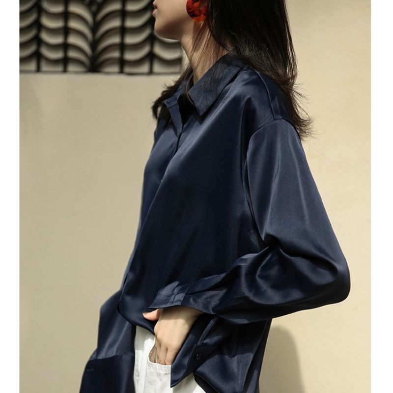 Hvid Skjorte Dame Vintage Toppe Merceriseret Satin Løs Karriere