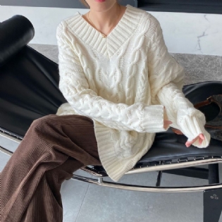 Jiazhi 2023 Forår Ny V-hals Løs Langærmet Sweater Kvinder 8t1979 Temperament Doven Jacquard Top