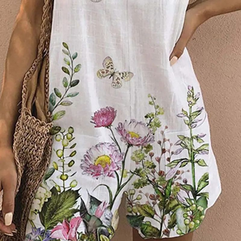 Jumpsuit Shorts Dame Printet Rund Hals Ærmeløs Casual
