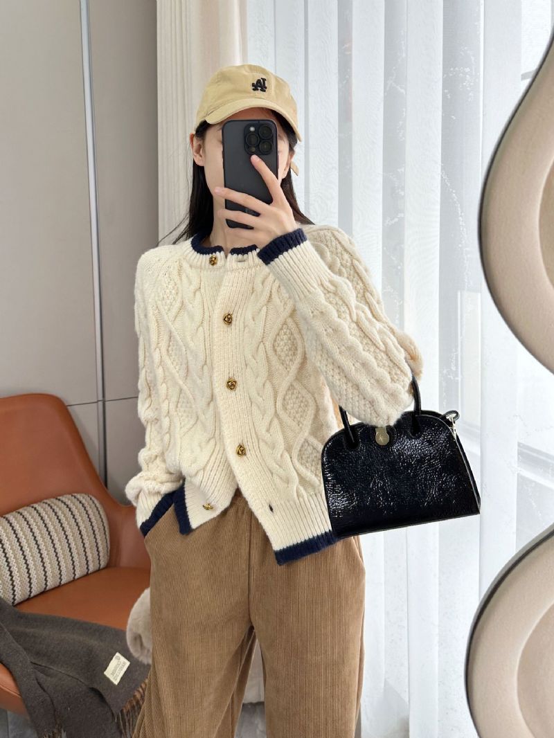 Komfortabel Creme Abrikos Kontrastfarve Løs Doven Tyk Snoet Strik Cardigan Sweater Kvinder
