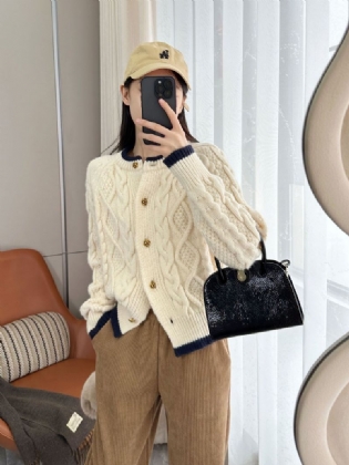 Komfortabel Creme Abrikos Kontrastfarve Løs Doven Tyk Snoet Strik Cardigan Sweater Kvinder