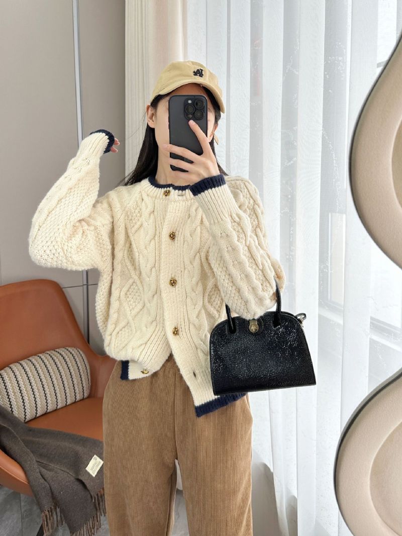 Komfortabel Creme Abrikos Kontrastfarve Løs Doven Tyk Snoet Strik Cardigan Sweater Kvinder