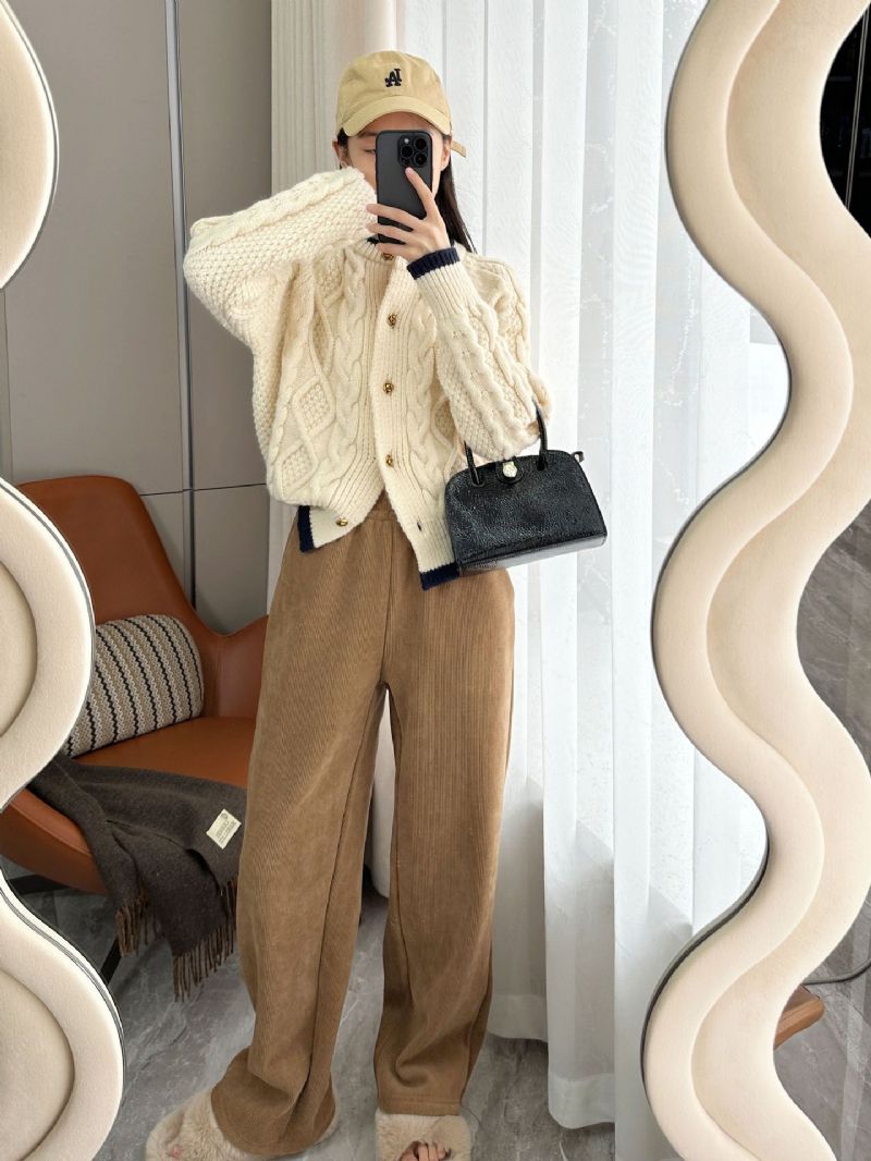 Komfortabel Creme Abrikos Kontrastfarve Løs Doven Tyk Snoet Strik Cardigan Sweater Kvinder