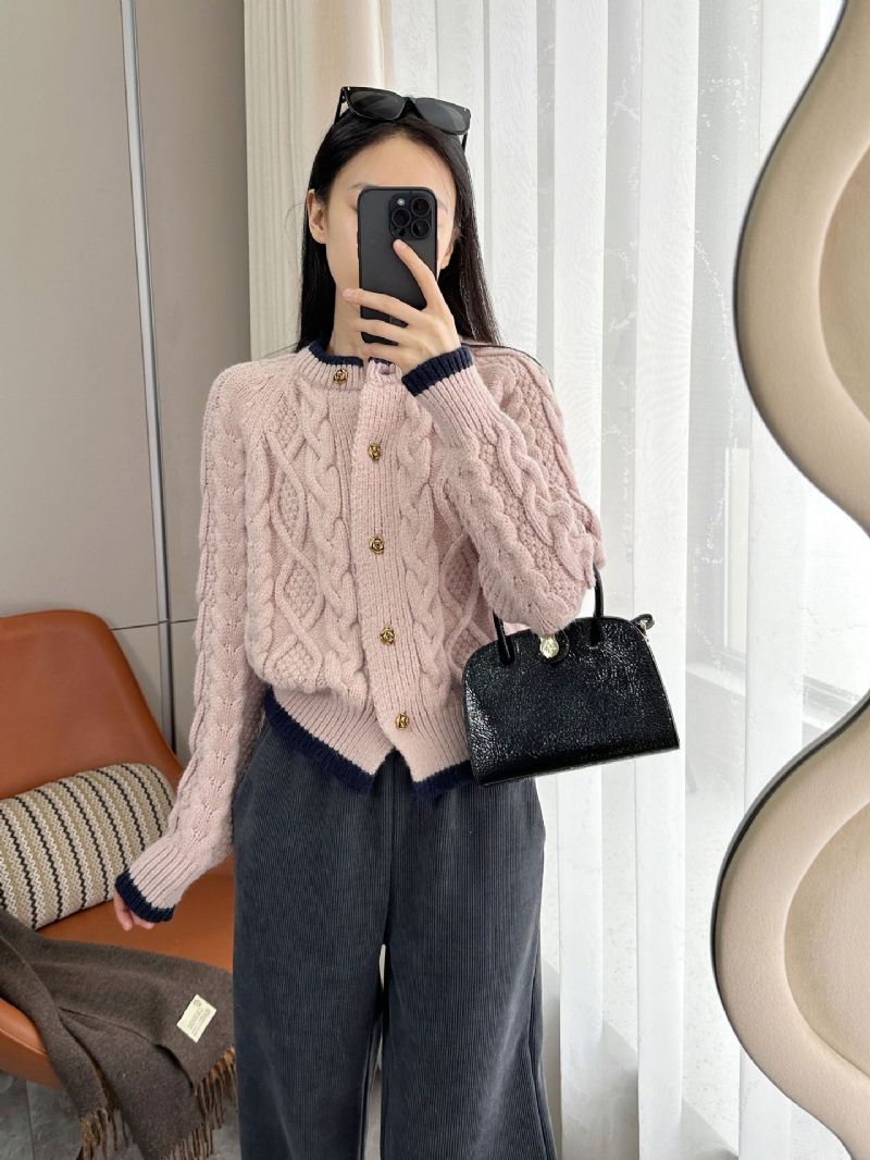 Komfortabel Creme Abrikos Kontrastfarve Løs Doven Tyk Snoet Strik Cardigan Sweater Kvinder