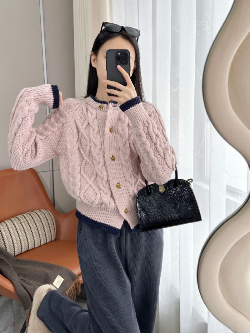 Komfortabel Creme Abrikos Kontrastfarve Løs Doven Tyk Snoet Strik Cardigan Sweater Kvinder