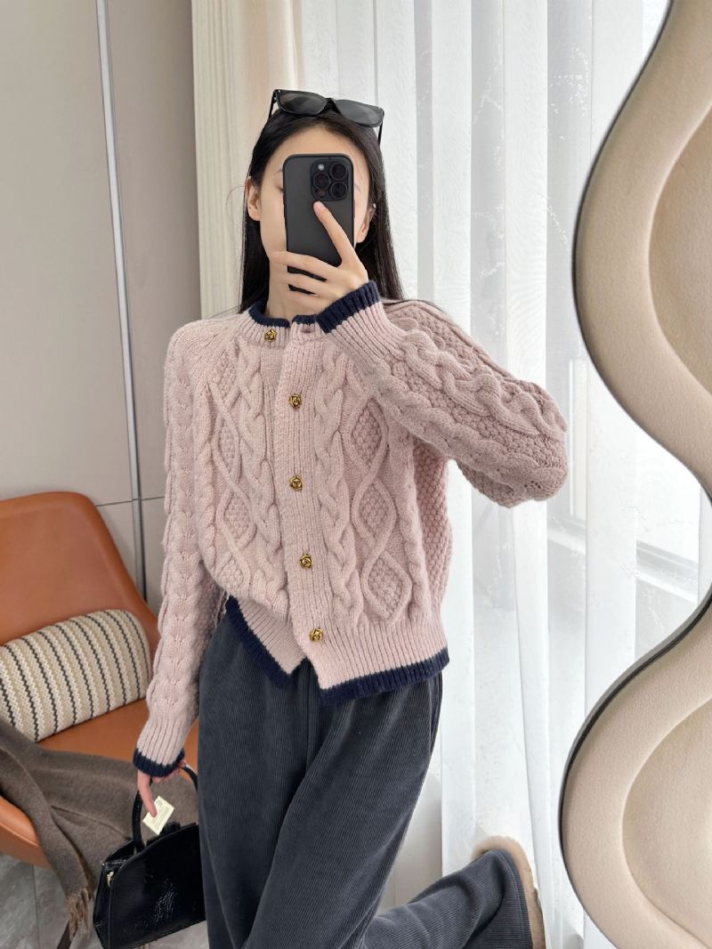 Komfortabel Creme Abrikos Kontrastfarve Løs Doven Tyk Snoet Strik Cardigan Sweater Kvinder