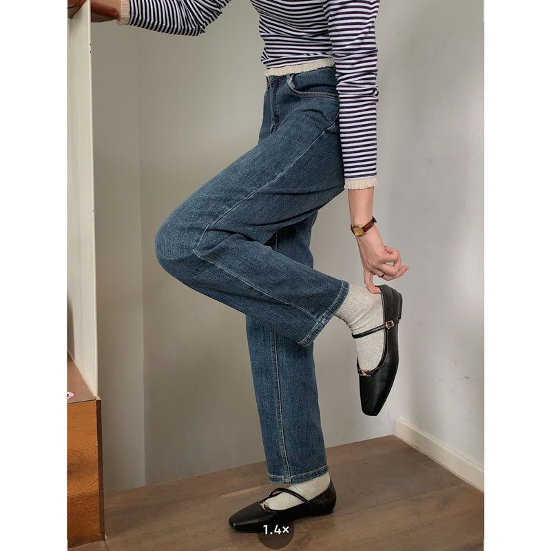 Kvinder Blå Højtaljede Jeans Løs Lige