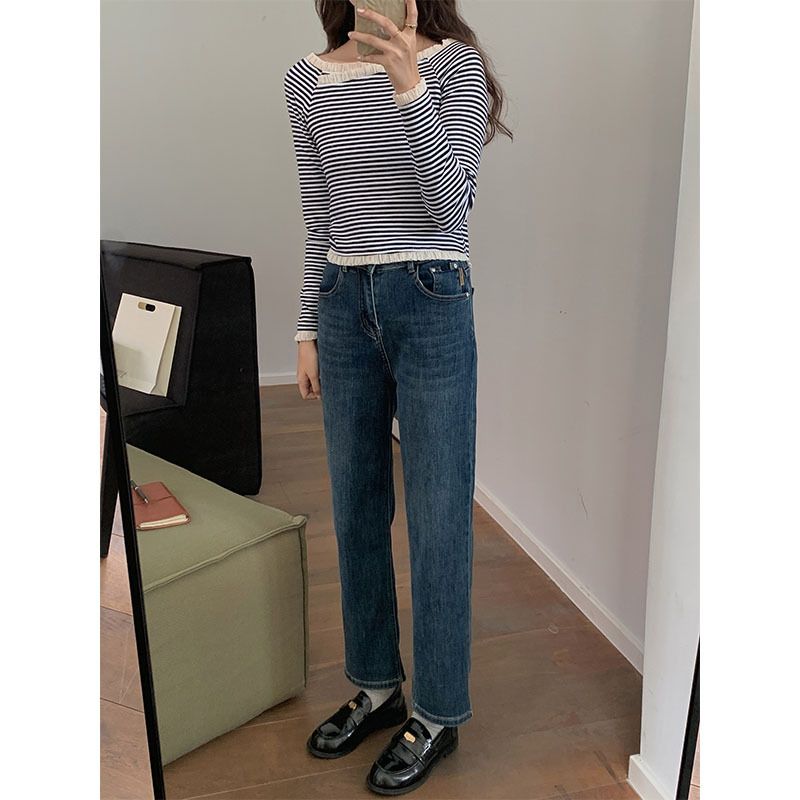 Kvinder Blå Højtaljede Jeans Løs Lige