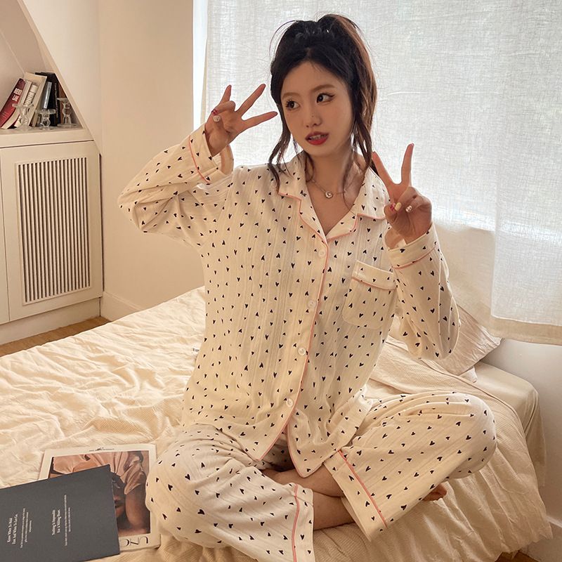 Kvinders Pyjamas Bomuld Lange Ærmer Jacquard Cardigan Hjemmetøj Sæt