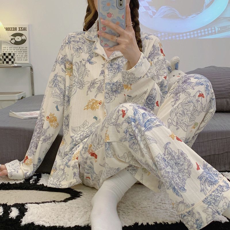 Kvinders Pyjamas Bomuld Lange Ærmer Jacquard Cardigan Hjemmetøj Sæt