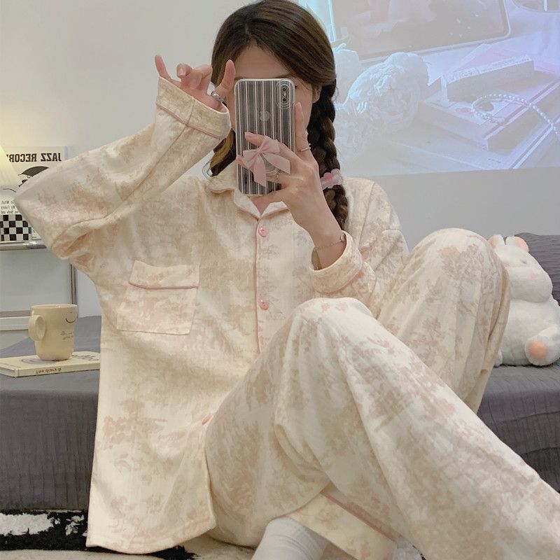 Kvinders Pyjamas Bomuld Lange Ærmer Jacquard Cardigan Hjemmetøj Sæt