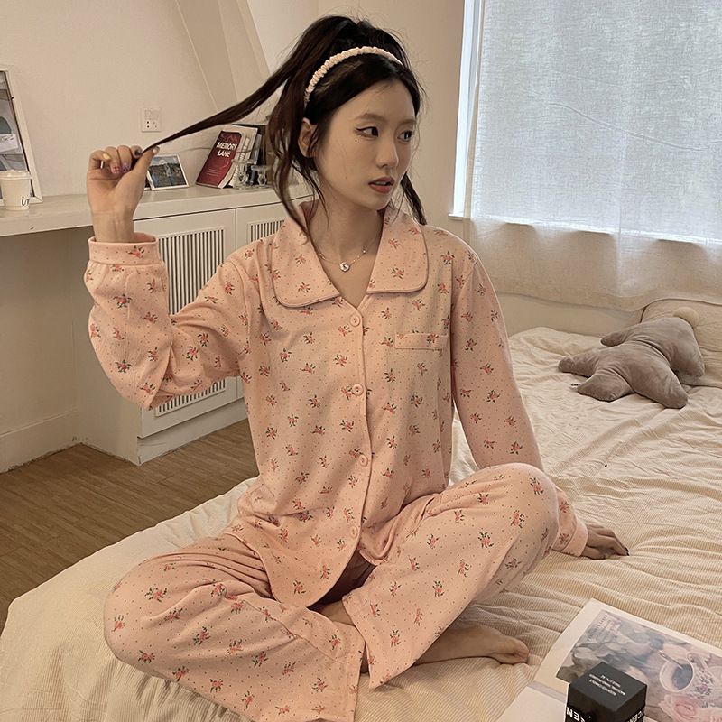 Kvinders Pyjamas Bomuld Lange Ærmer Jacquard Cardigan Hjemmetøj Sæt
