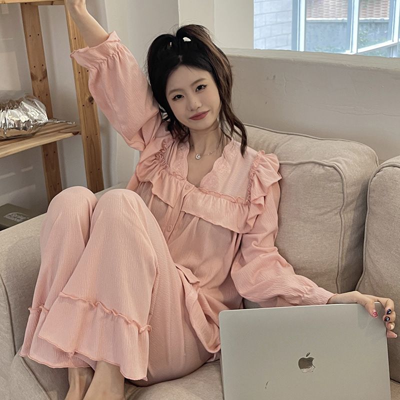 Kvinders Pyjamas Bomuld Lange Ærmer Jacquard Cardigan Hjemmetøj Sæt