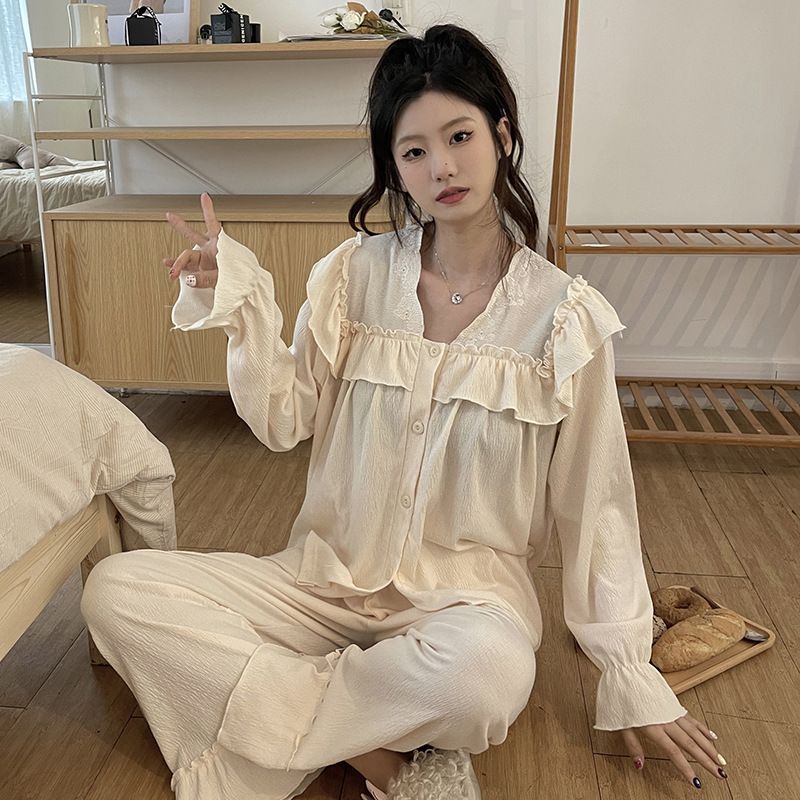 Kvinders Pyjamas Bomuld Lange Ærmer Jacquard Cardigan Hjemmetøj Sæt