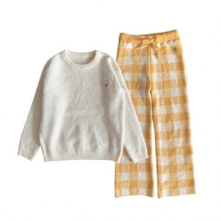 Kvinders Pyjamas Broderi Solsikke Hjemmetøj Jakkesæt Plaid Fortykket Koralfleece