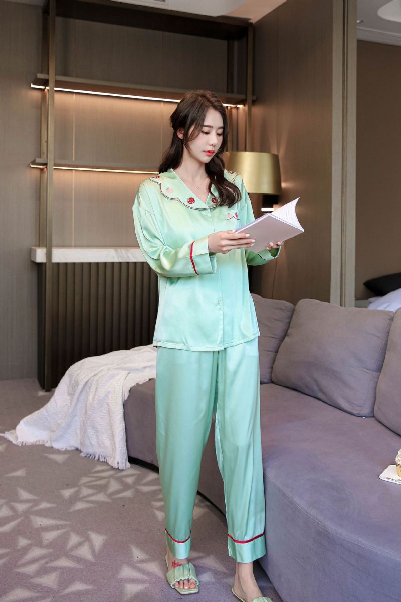 Kvinders Pyjamas Langærmede Bukser Sæt Sexet Silke Hjemmetøj