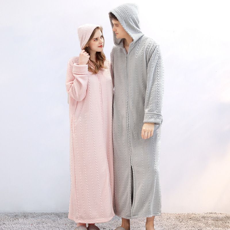 Kvinders Pyjamas Lynlås Badekåbe Hætte Natkjole Fortykket Flannel