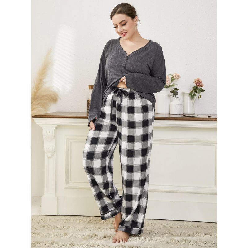 Kvinders Pyjamas Plaid Langærmet Hjemmetøj Todelt Sæt