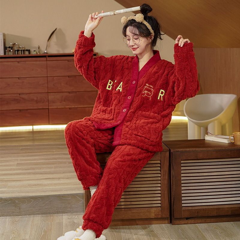 Kvinders Pyjamas Tykt Flannel Loungewear Rød
