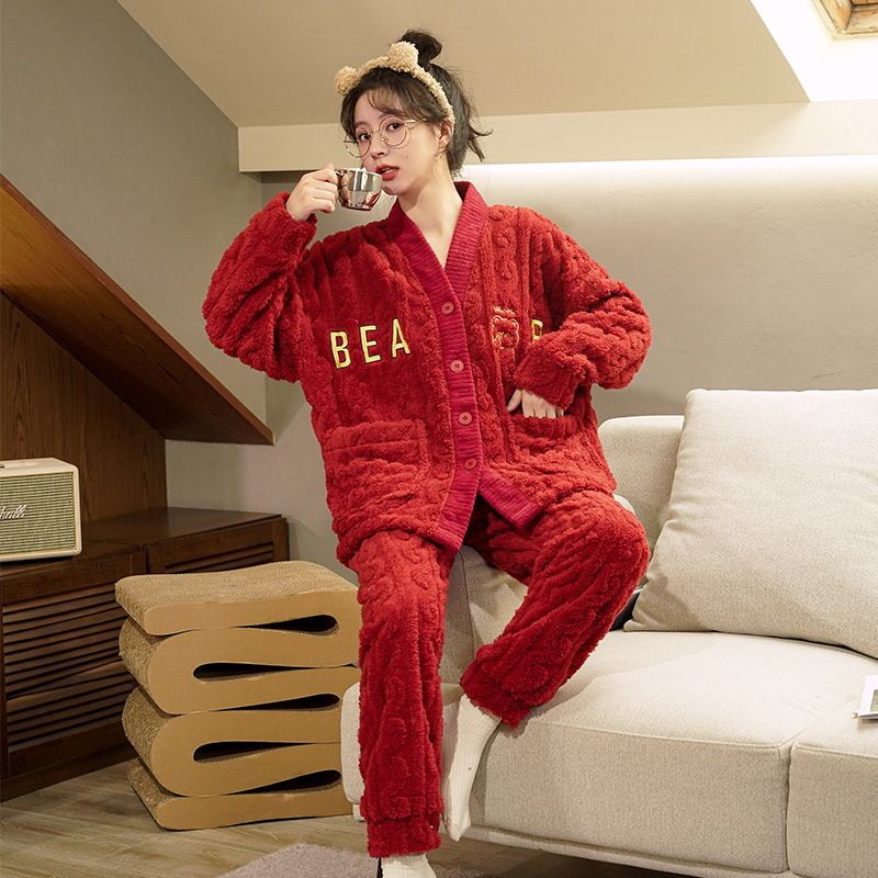 Kvinders Pyjamas Tykt Flannel Loungewear Rød