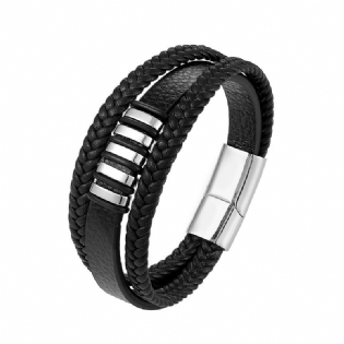 Læderarmbånd I Rustfrit Stål Flerlags Flettet Til Mænd