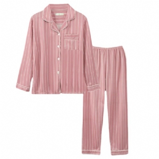 Langærmede Bukser Pyjamas Damer Revers Cardigan Striber Hjemmetøj