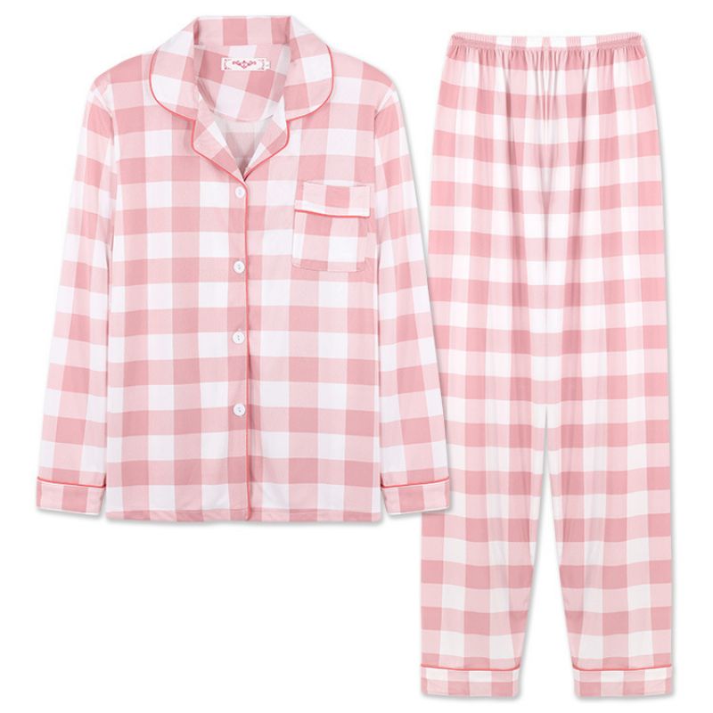 Langærmede Bukser Pyjamas Damer Revers Cardigan Striber Hjemmetøj