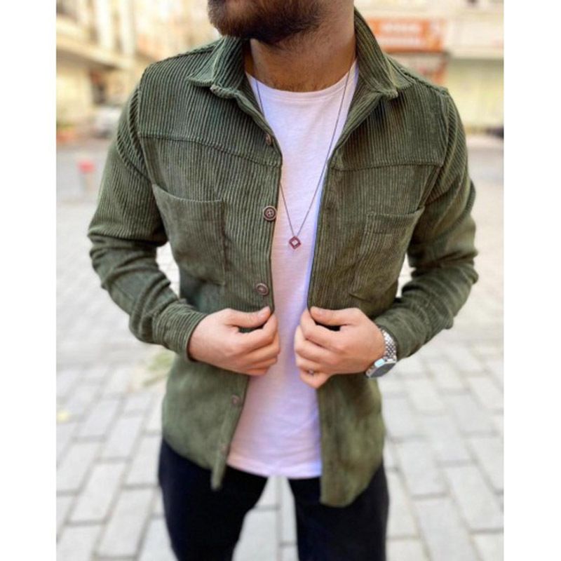 Langærmede Skjorter Til Mænd Casual Solid Color Plus Size Corduroy Khaki