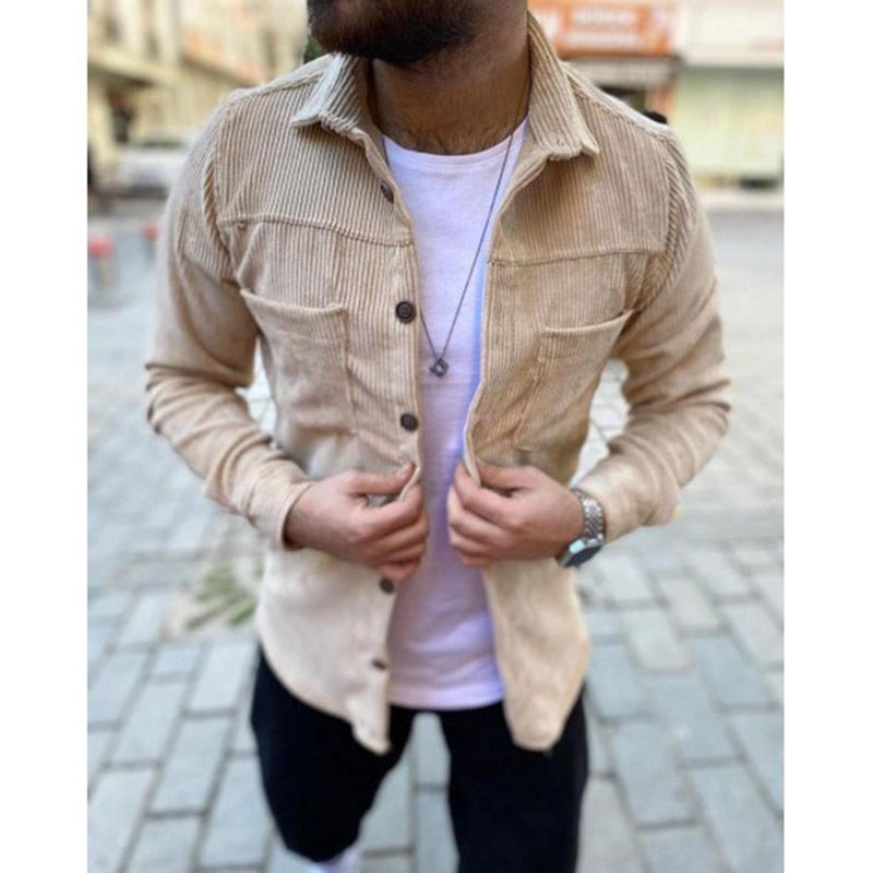 Langærmede Skjorter Til Mænd Casual Solid Color Plus Size Corduroy Khaki