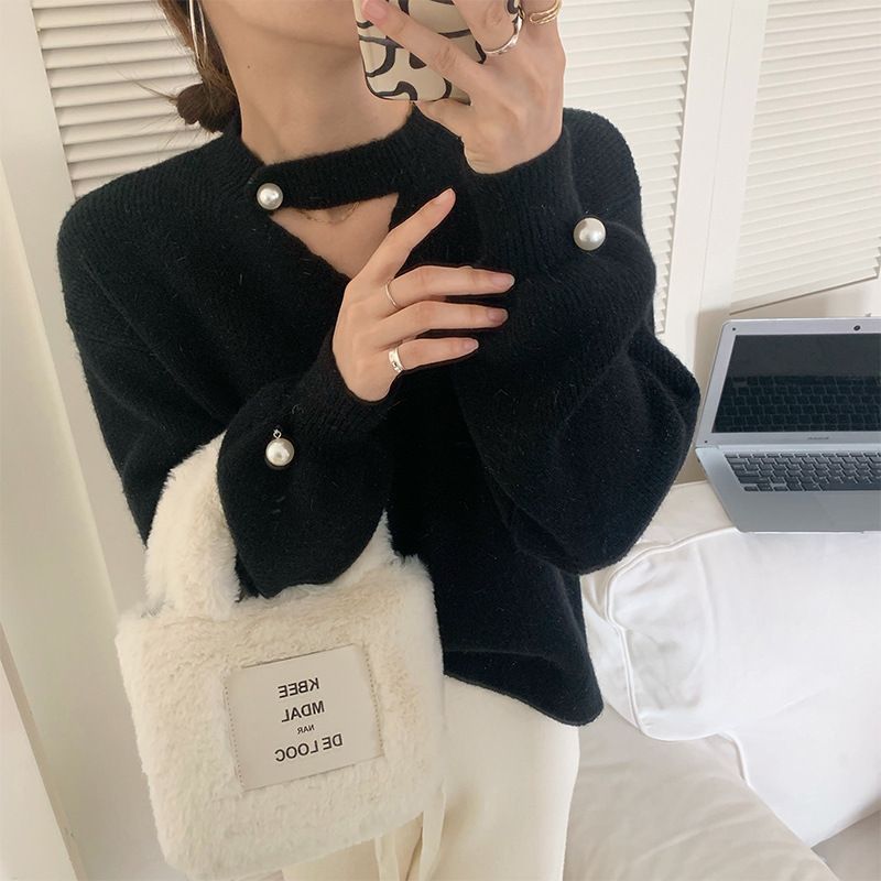 Lazy Halter Neck V-hals Skinnende Sweater Kvinders Nye Vinter Løs Strikket