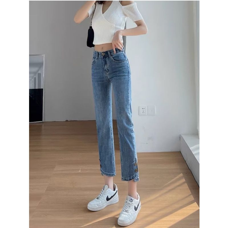 Lige Jeans Med Slids Til Kvinder Med Høj Talje Beskåret
