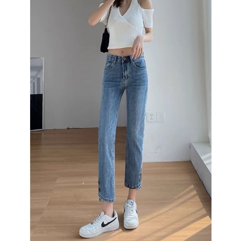 Lige Jeans Med Slids Til Kvinder Med Høj Talje Beskåret