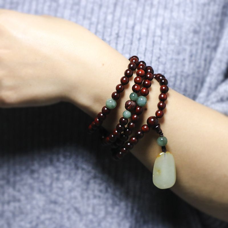 Lobulær Rødt Sandeltræ 108 6mm Rosenkrans Perler Armbånd Og Tian Jade Vedhæng Smykker Buddha
