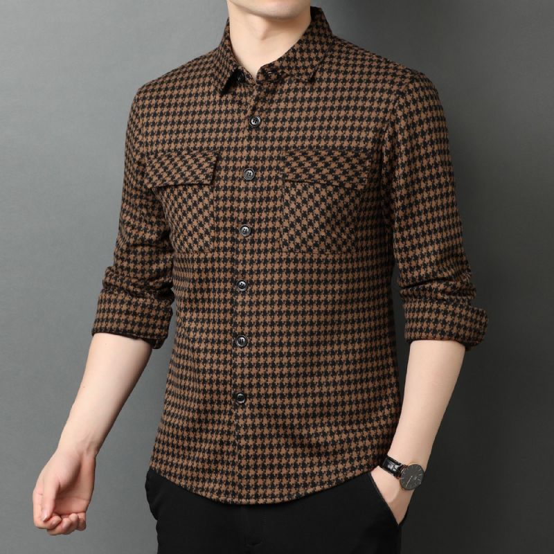 Løs Langærmet Skjorte Mænd Forår Afslappet Trend Houndstooth Cardigan Dobbelt Lommer