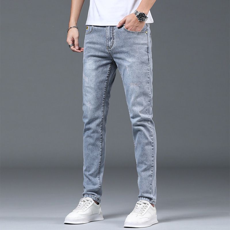 Lys-farvede Tynde Sektion Slim-fit Jeans Mænds Ni Point Ripped Pencil Bukser Trend