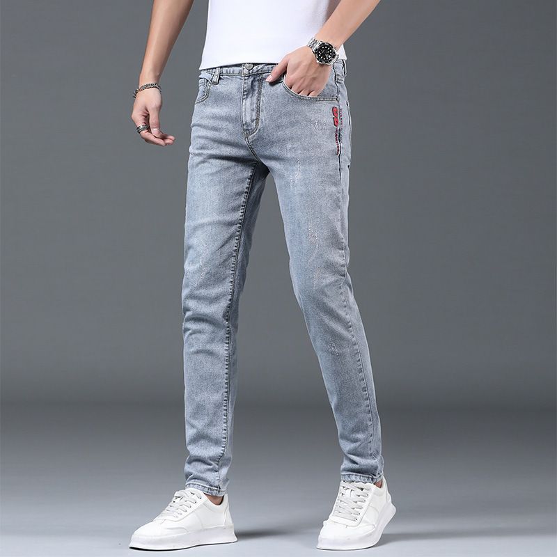 Lys-farvede Tynde Sektion Slim-fit Jeans Mænds Ni Point Ripped Pencil Bukser Trend