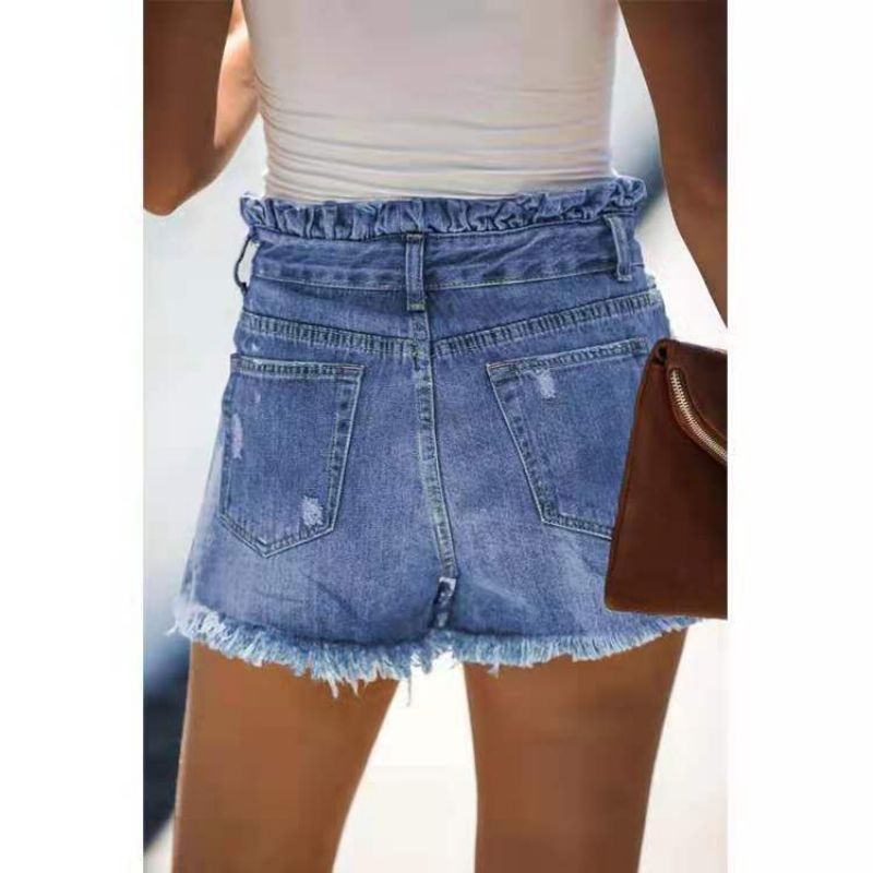 Lyseblå Revet Højtaljet Flæsede Denimshorts Til Kvinder