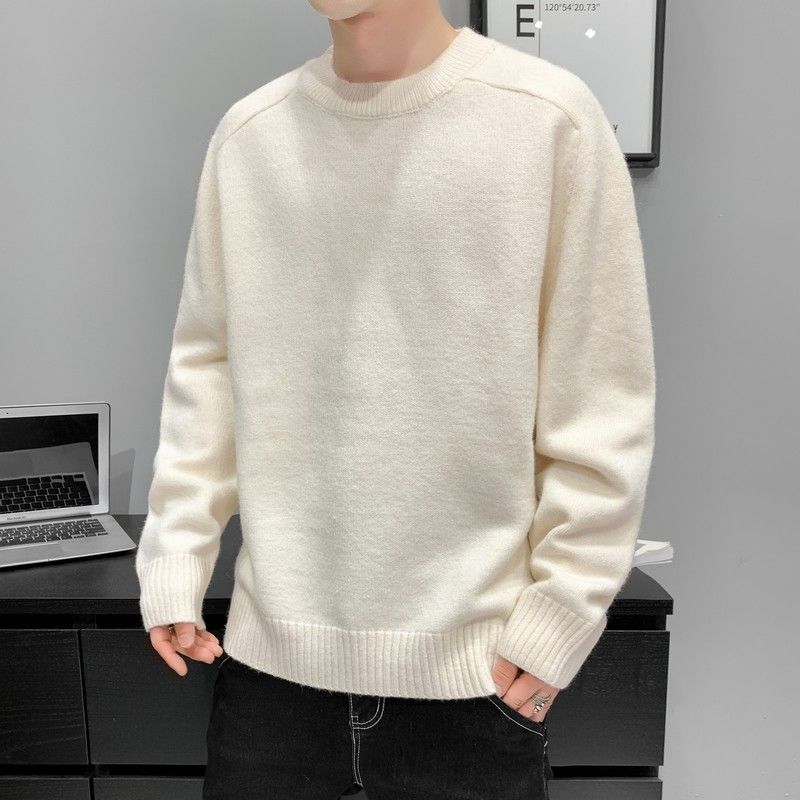 Mænds Ensfarvede Sweatertrøje Med Rund Hals Afslappet Løs Langærmet Strik