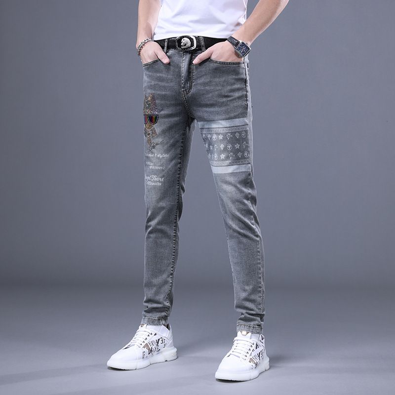 Mænds Jeans Håndmalede Bogstaver Broderede Slim Fit Elastiske Små Fødder