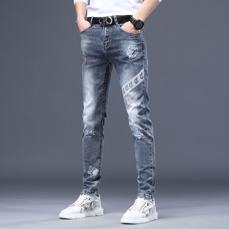 Mænds Jeans Rust Flower Hot Drill Reflekterende Stretch Slim Fit Små Fødder Huller
