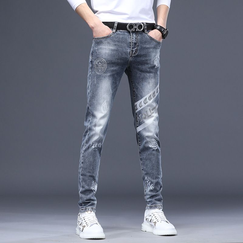 Mænds Jeans Rust Flower Hot Drill Reflekterende Stretch Slim Fit Små Fødder Huller