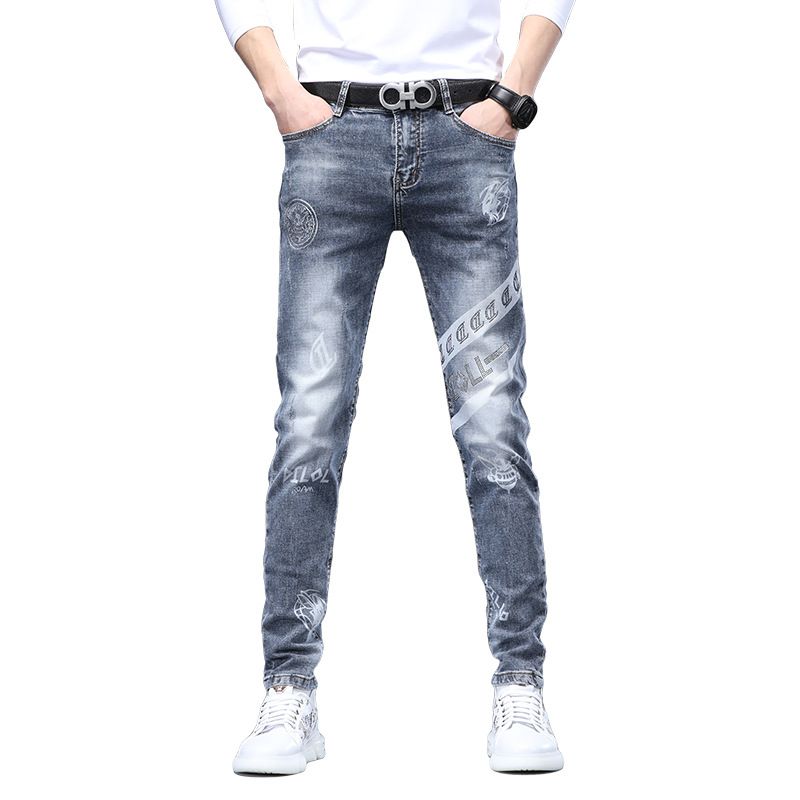 Mænds Jeans Rust Flower Hot Drill Reflekterende Stretch Slim Fit Små Fødder Huller