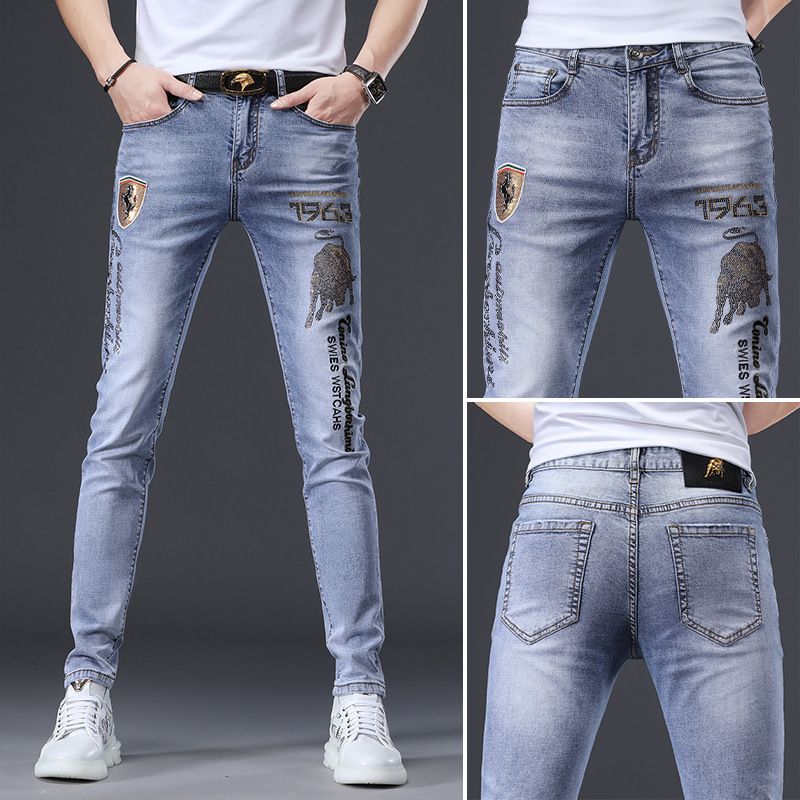 Mænds Jeans Rust Flower Hot Drill Reflekterende Stretch Slim Fit Små Fødder Huller