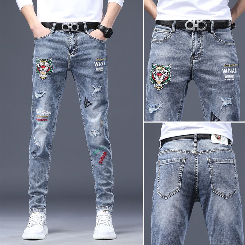 Mænds Jeans Rust Flower Hot Drill Reflekterende Stretch Slim Fit Små Fødder Huller