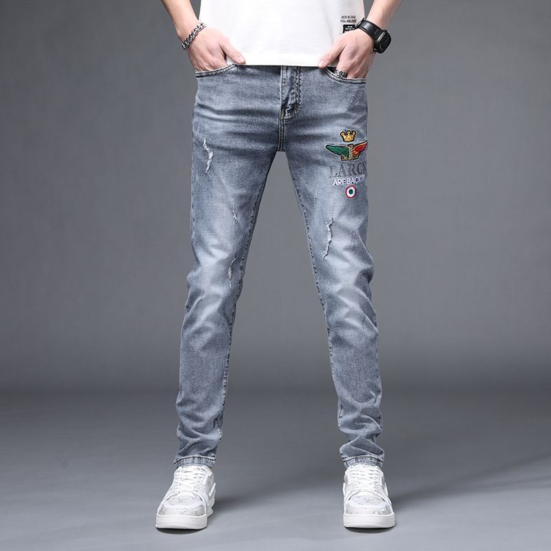 Mænds Jeans Rust Flower Hot Drill Reflekterende Stretch Slim Fit Små Fødder Huller