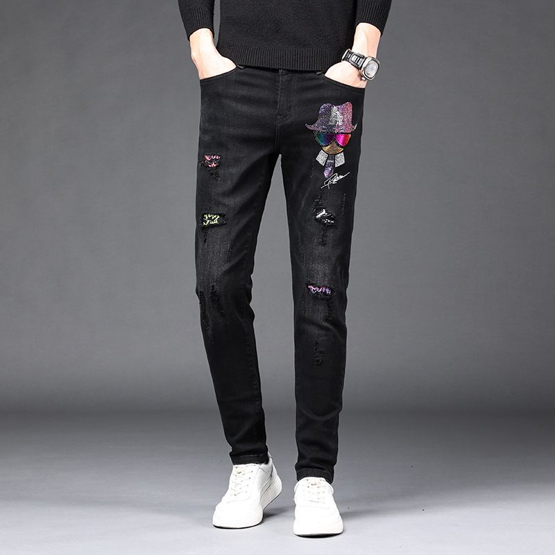 Mænds Jeans Rust Flower Hot Drill Reflekterende Stretch Slim Fit Små Fødder Huller
